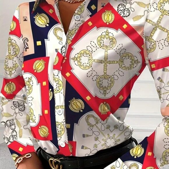 Baroque Chain Links V-neck Button Long Sleeve Loose Fall Blouse - Picture 5 of 7